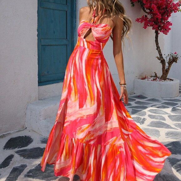 Pink Boho Women's Beach Tie Dye Print Halter A-Line Cinched Waist Flowy Dress - Picture 6 of 7